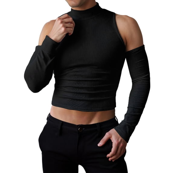 uikmnh Mens T Shirts Men's High Neck off Shoulder Hollow Sexy Long Sleeved T Shirt Size:S