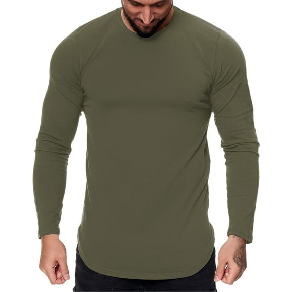 uikmnh Mens T Shirts Mens Fashion Casual Sports Fitness Outdoor Curved Hem Solid Color Round Neck T Shirt Long Sleeve Top Size:L