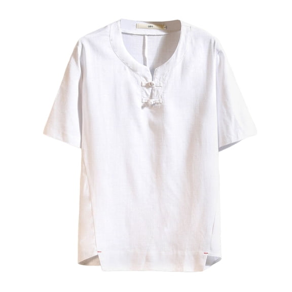 uikmnh Mens T Shirts Summer New Men's Buckle Vintage V Neck Loose Short Sleeved T Shirt Size:L