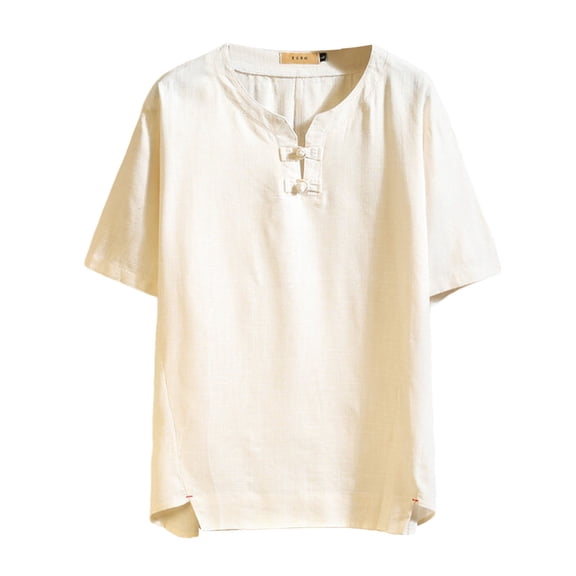 uikmnh Mens T Shirts Summer New Men's Buckle Vintage V Neck Loose Short Sleeved T Shirt Size:M