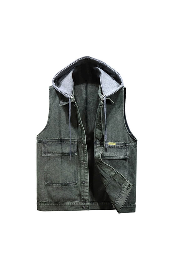 Mens Vests Casual Men's Denim Vest Jacket with Detachable Hood for Outdoor Streetwear and Casual Layering Fashion Size:L