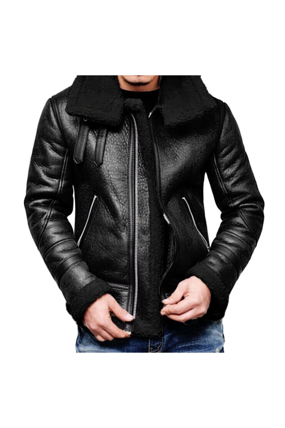 Mens Winter Coats Men Autumn Winter Highneck Warm Liner Lapel Leather Zipper Outwear Top Coat Size:L