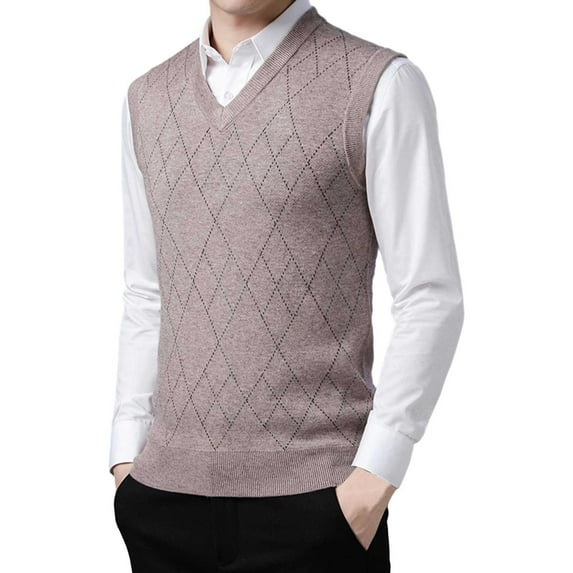 uikmnh Mens Wool V Neck Knitted Sweater Vest Cardigan Color Block Casual Versatile Sleeveless Sweater Vest-Beige-XL