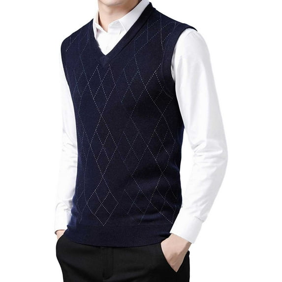 uikmnh Mens Wool V Neck Knitted Sweater Vest Cardigan Color Block Casual Versatile Sleeveless Sweater Vest-Navy-L