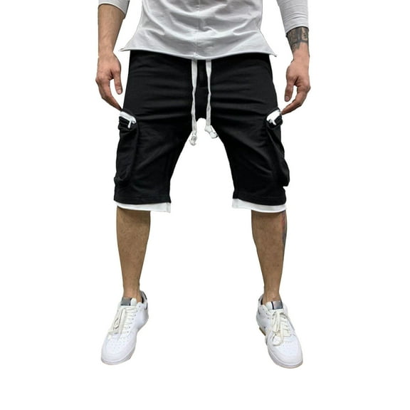 uikmnh Shorts Men's Casual Mid Waist Cargo Pant Solid Splice Pocket Drawstring Shorts Size:2XL