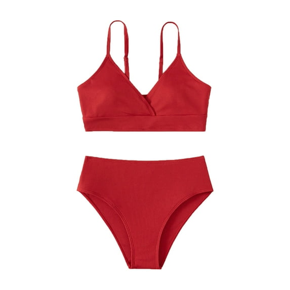 uikmnh Swimsuit for Girls 2 Piece Swimsuit High Waist Athletic Bikini Set Sporty Solid Bathing Suit for Kids Color:Red,Size:12-14 Years