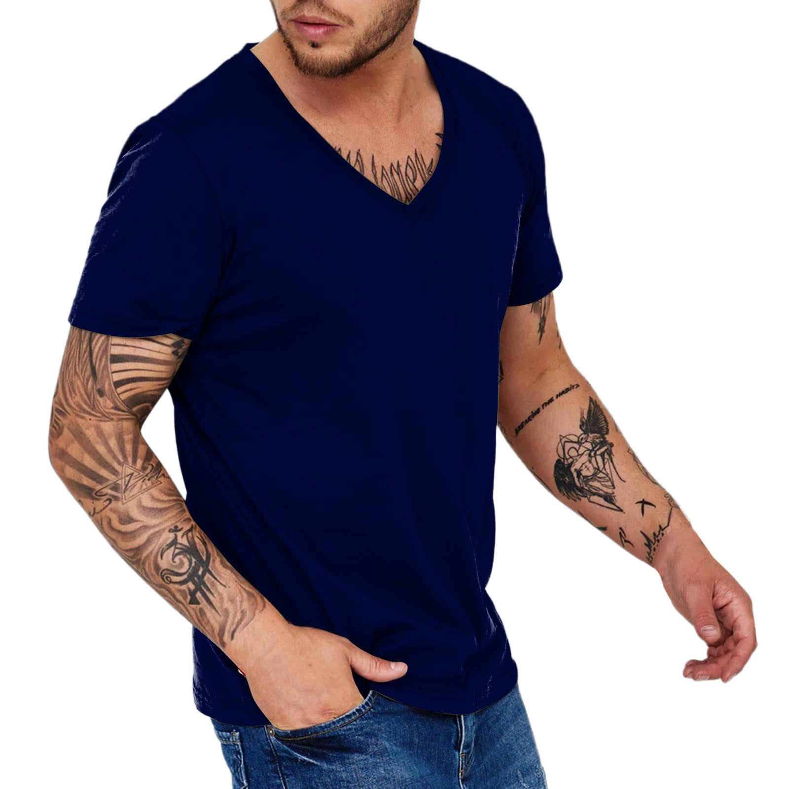 uikmnh T Shirts Men Mens T Shirts Mens V Neck T Shirt Fashion Casual Breathable Sweat Wicking Short Sleeve Top Size:L