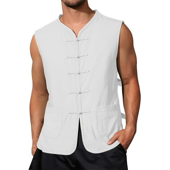 uikmnh Tank Tops Men Traditional Sleeveless Linen Vest for Casual Wear and Arts Training Size:M