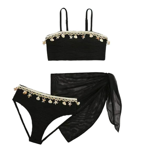 uikmnh Youth Girls Solid Color Tankini Set - 3-Piece Top & Swim Shorts Beach Wear Color:Black,Size:11-12 Years