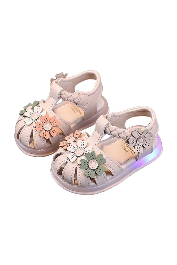 Toddler Girls LED Light Up Sandals, Closed Toe Flower Shoes for Baby First Summer Beach Size:7
