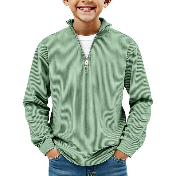 uikmnh Tops for Teens Boys Corduroy Quarter Zip Pullover Sweater Long Sleeve Collared Ribbed Casual Fall Fashion Top Size:9-10 Years
