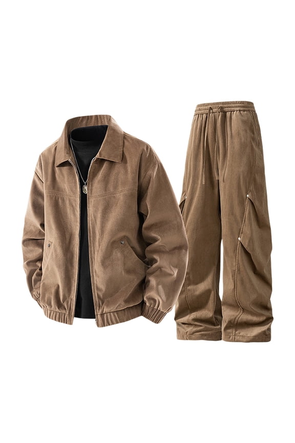 Two Piece Outfits Solid Color Men's Suede Leather Jacket Retro Casual Coat Slim Fit Outfit Set for Spring Fall Winter Daily Wear Size:XL