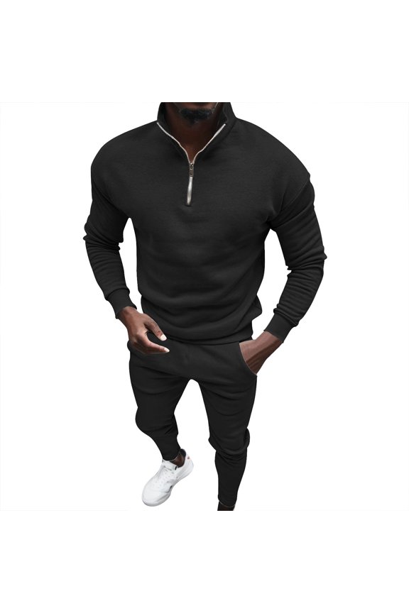 Two Piece Outfits Solid Color Men's Suit Fashion Sports Long Sleeve Half Plus Pants Set Size:S