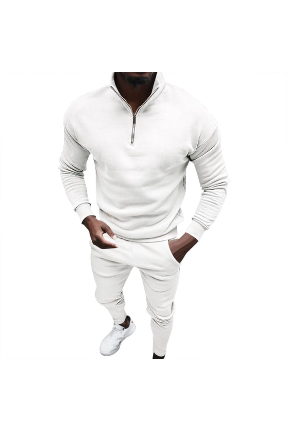 Two Piece Outfits Solid Color Men's Suit Fashion Sports Long Sleeve Half Plus Pants Set Size:S