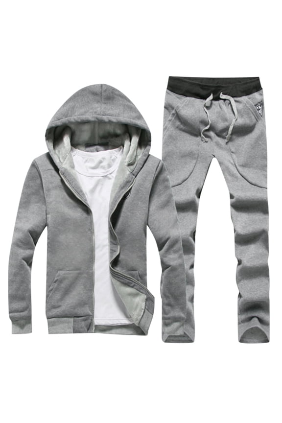 Two Piece Set Solid Color Autumn and Winter Plush and Thick Hooded Cardigan Sweater Men's Suit Trendy Men's Pants Sports Suit Size:L