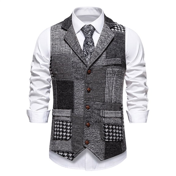 uikmnh Vests for Men Classic Lapel Retro Patchwork Houndstooth Vest for Men's Stylish Outerwear Wardrobe Size:2XL