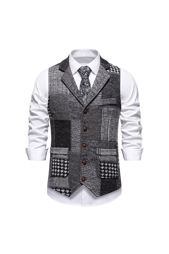 Vests for Men Classic Lapel Retro Patchwork Houndstooth Vest for Men's Stylish Outerwear Wardrobe Size:2XL
