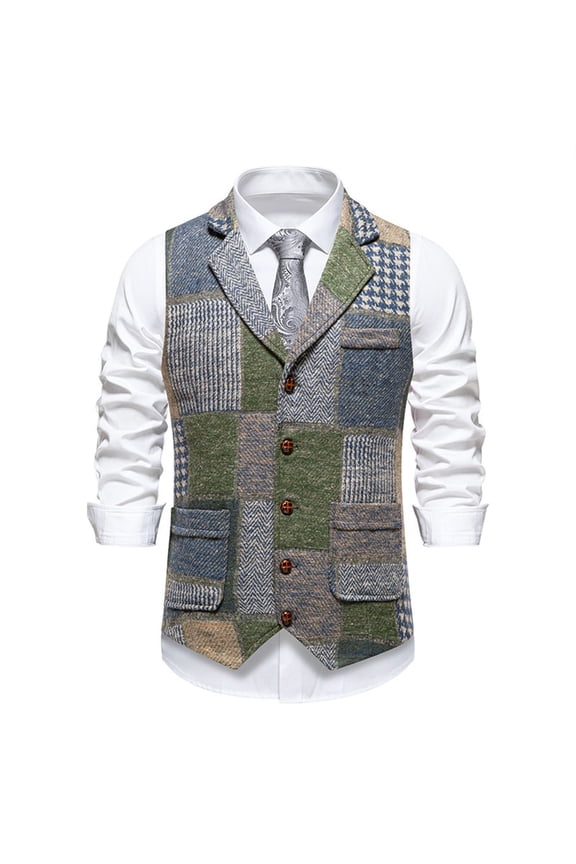 Vests for Men Classic Lapel Retro Patchwork Houndstooth Vest for Men's Stylish Outerwear Wardrobe Size:XL