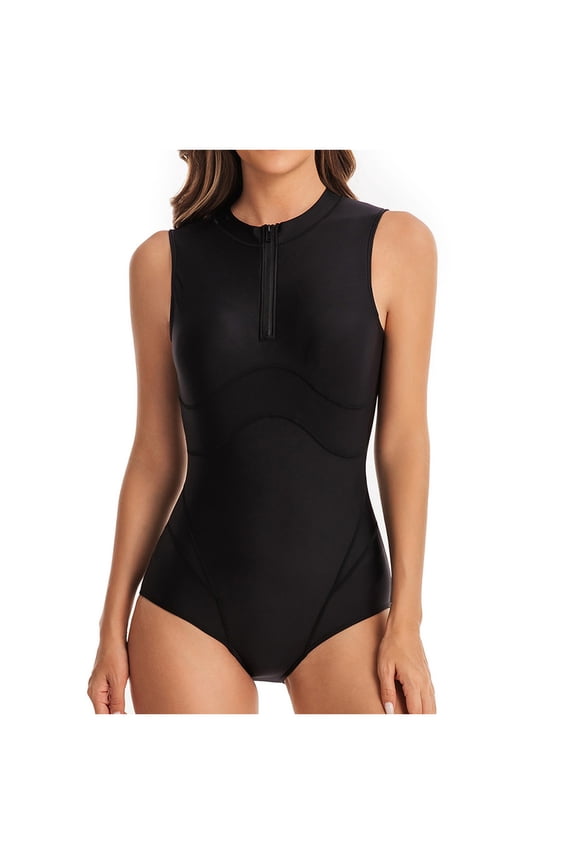 Women's Sleeveless Front Zipper Solid Color One Piece Swimsuit Sun Surfing Swimwear Size:L