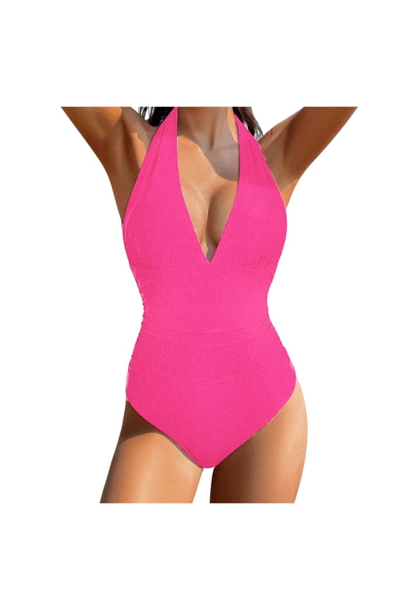 Women's V Neck Backless Solid Color One Piece Swimsuit Ruched Control Bathing Suit Beach Pool Size:M