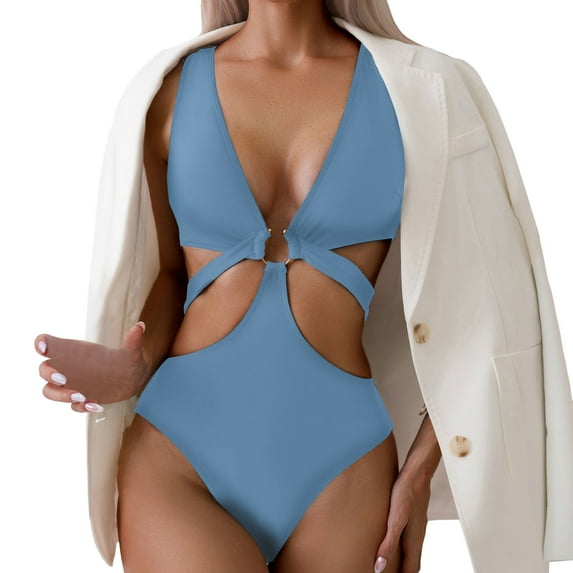 uikmnh Women's V Neck High Cut Solid Color One Piece Monokini Swimsuit Bathing Suit Beach Pool Size:XL