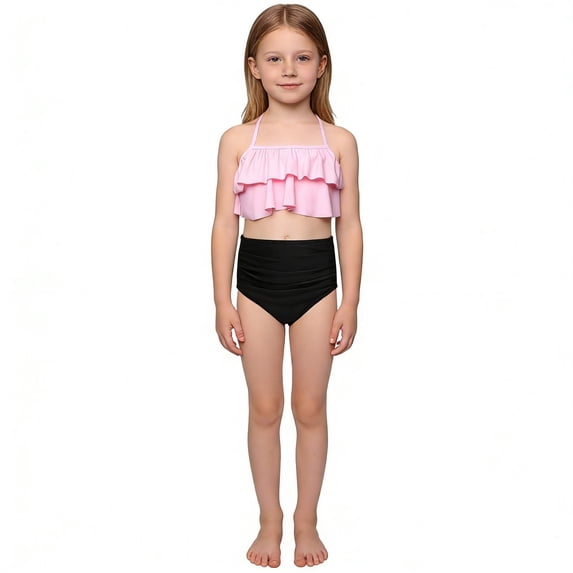 uikmnh High Elasticity Nylon 2 Piece Swimsuit for Girls Youth Comfortable Beach Pool Wear Color:Pink,Size:5-6 Years