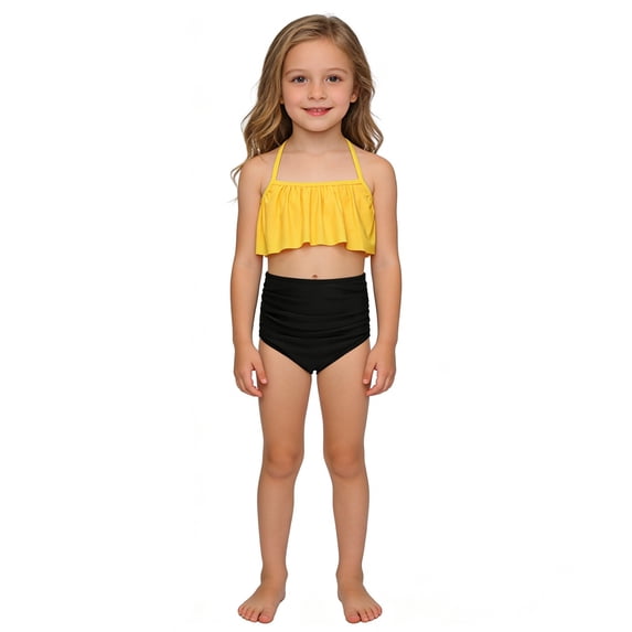 uikmnh High Elasticity Nylon 2 Piece Swimsuit for Girls Youth Comfortable Beach Pool Wear Color:Yellow,Size:11-12 Years
