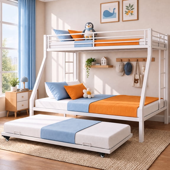 Kdymod Twin-XL over Queen Bunk Bed with Twin Trundle, Triple Bunk Bed with Ladder & Safety Guardrail, Space-Saving 3-Bed Bunk Bed Frame for Teens and Adults, No Box Spring Needed, White