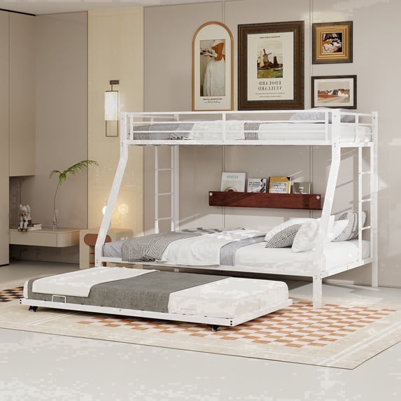 Kdymod Twin-XL over Queen Bunk Bed with Twin Trundle, Triple Bunk Bed with Ladder & Safety Guardrail, Space-Saving 3-Bed Bunk Bed Frame for Teens and Adults, No Box Spring Needed, White