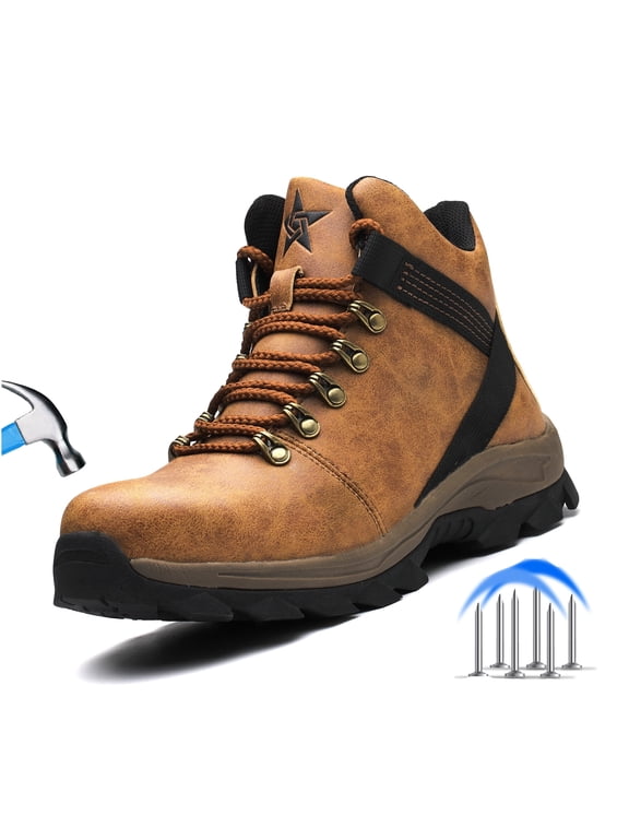 Steel Toe Boots for Men Women Waterproof Non Slip Puncture Proof Industrial Construction Safety Boots (Men Size 6, Brown )
