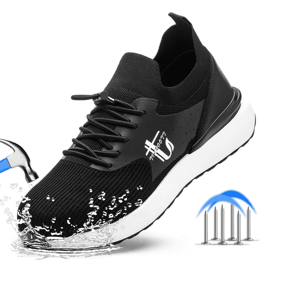 ulogu Steel Toe Shoes for Men Women Lightweight Sneakers Waterproof Non-Slip Work Shoes Puncture Proof Safety Shoes (Men Size 10, Black/White)