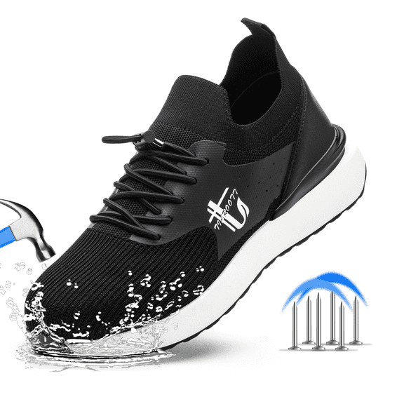 ulogu Steel Toe Shoes for Men Women Lightweight Sneakers Waterproof Non-Slip Work Shoes Puncture Proof Safety Shoes (Men Size 8.5, Black/White)