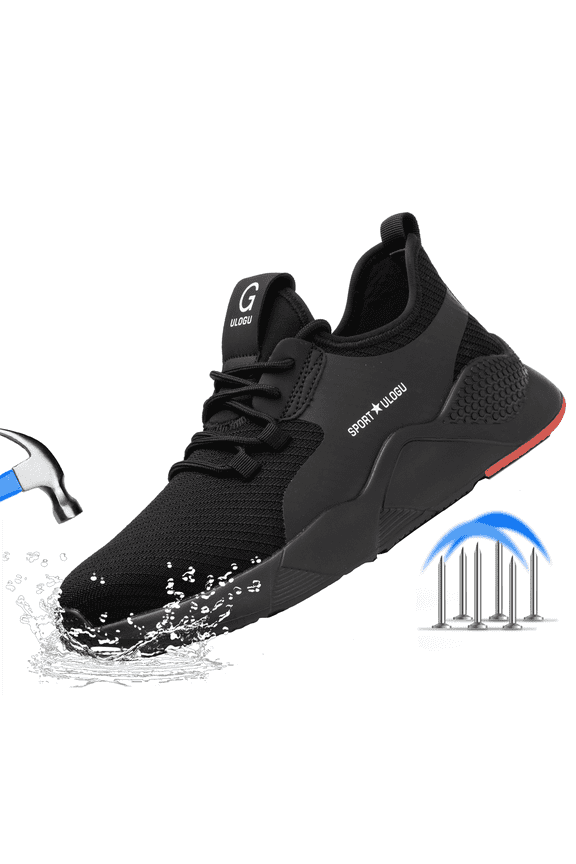 Waterproof Steel Toe Shoes for Men Women Lightweight Non-Slip Sneakers Comfortable Puncture Proof Shoes (Men Size 9.5, Black)