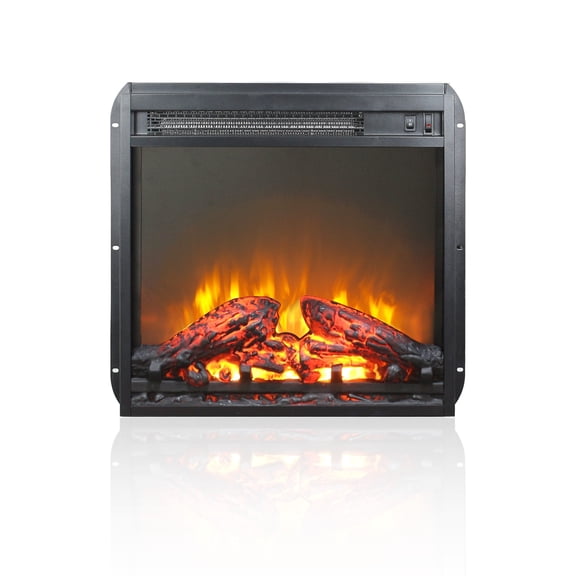 ultra thin electric fireplace insert 18 inch, antique black tempered glass log set with realistic flame and overheating protection for TV stand