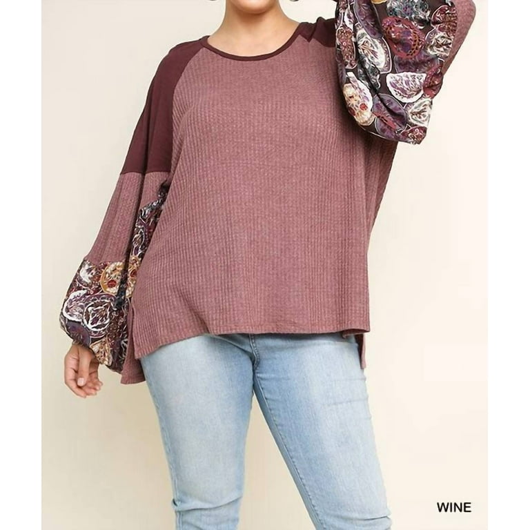 umgee Waffle Knit Long Sleeve Floral Print Top - Walmart.com