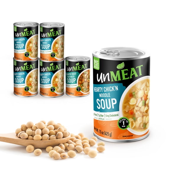 unMEAT Hearty Chickn Noodle Plant-Based Soup, 15oz Can Non-GMO, Vegan, High Protein, Ready to Eat, Comfort Food, 100% Plant-Based Healthy Soup (Pack of 6)