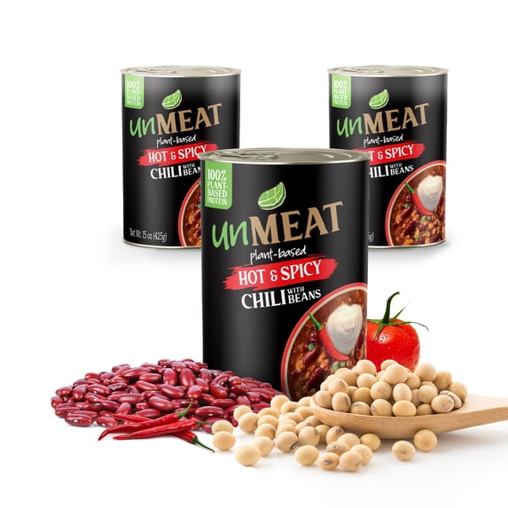 unMEAT Plant Based Meat | Easy to Prepare Plant Based Protein | Vegan Meat with Less Calories, Hot & Spicy Chili with Beans, 3 pack