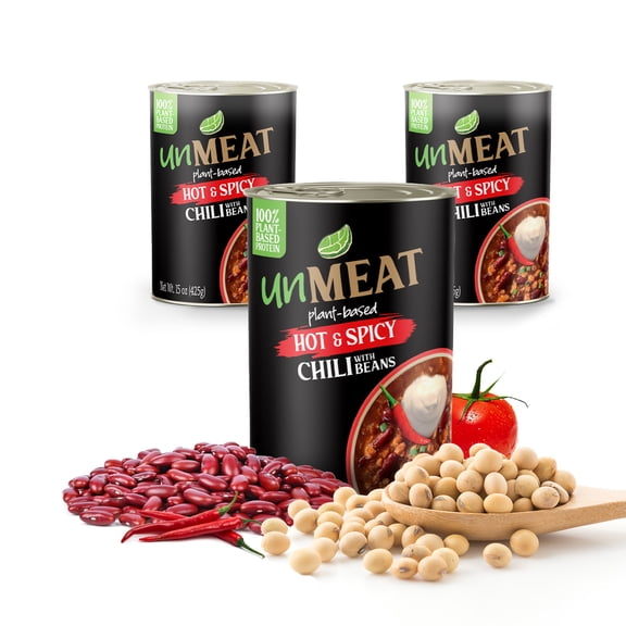 unMEAT Plant Based Meat | Easy to Prepare Plant Based Protein | Vegan Meat with Less Calories, Hot & Spicy Chili with Beans, 3 pack