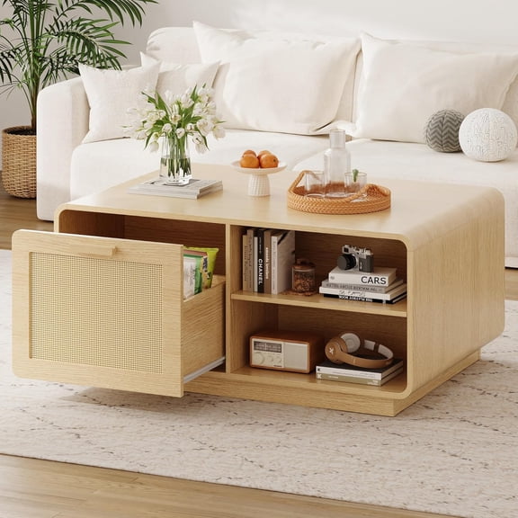 unbrand 39.4" Rattan Coffee Table with Storage Drawers, Safety Curved Corners & 4-Tier Adjustable Shelves, Sturdy Base, Wood Center Table for Living Room, Natural