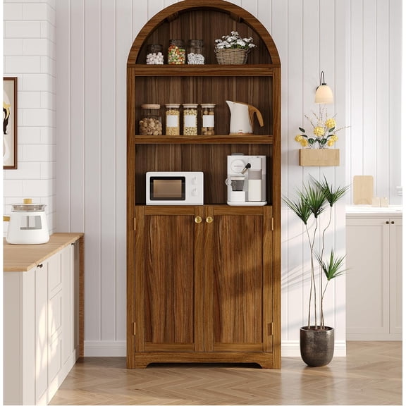 unbrand 72" Tall Wood Arched Storage Cabinet – 5-Shelf Kitchen Pantry Cabinet with Doors & Open Shelves, Versatile Standing Bookcase & Cupboard for Living Room, Dining Room, Kitchen(Walnut/Gold)