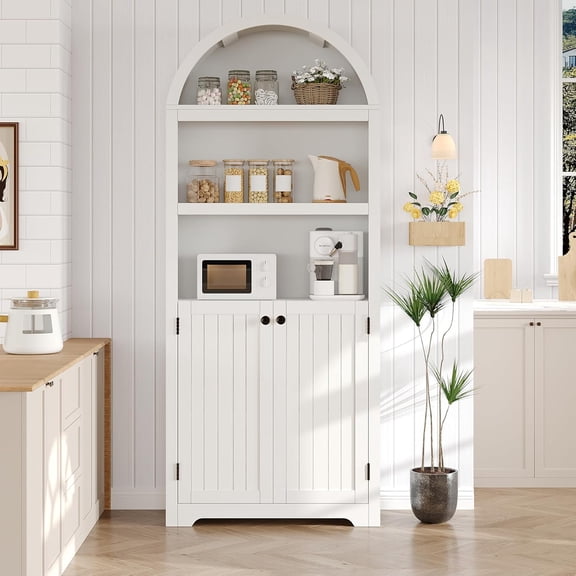 unbrand 72" Tall Wood Arched Storage Cabinet – 5-Shelf Kitchen Pantry Cabinet with Doors & Open Shelves, Versatile Standing Bookcase & Cupboard for Living Room, Dining Room, Kitchen(White + Black)