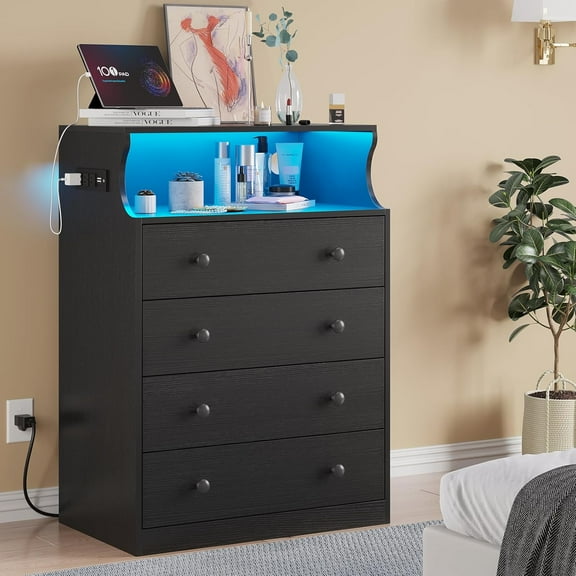 unbrand Black Dresser with Charging Station, 4 Drawers LED Dresser for Bedroom, Chest of Drawers with Open Space, Large Capacity Tall Storage Cabinet, Black Dressers for Bedroom