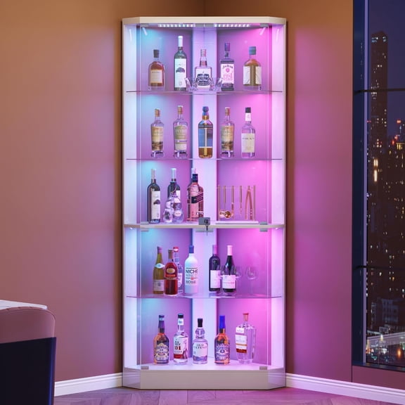unbrand Corner Display Cabinet with - RGB Lights and Glass Doors,5-Tier Showcase Display Case with Glass Shelves & Human Body Sensor,Corner Curio Cabinet for Collectibles/Liquor,LivingRoom(White)
