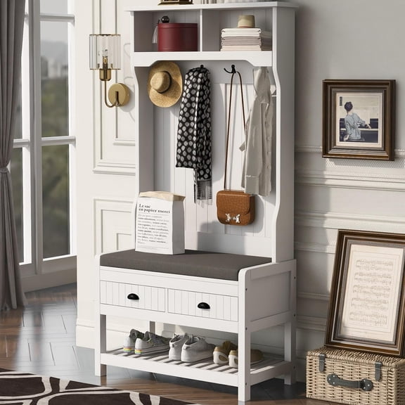 unbrand Hall Tree with and Shoe Storage Cubbies Coat Rack Shelves, Modern Narrow Large Wood Cabinet for Entryway Hallway Mudroom Corner Home Organizer Furniture, 33.5x16.5x68.9'' White