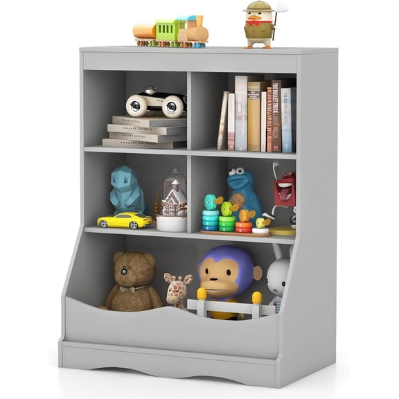 unbrand Kids Bookshelf, Kids Bedroom Furniture with 4 Cubes, 1 Open Compartment, Nursery Bookcase with Anti-Tipping Device and Tabletop, Toddler Toy Storage Organizer for Playroom, Bedroom (Gray)