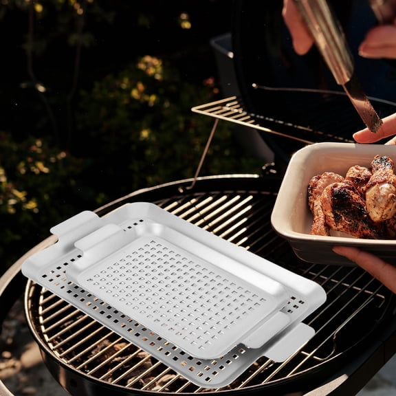 OUNONA Outdoor Grill Pan Silver Iron Raised Edge Perforated Design for Healthier Cooking 1Set