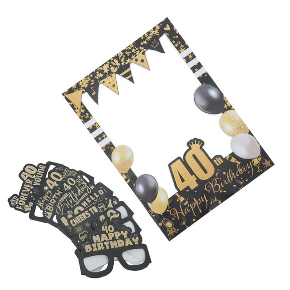 unbranded 1 Set Happy 40th Birthday Photo Frame Glitter 40th Birthday Paper Glasses for Happy 40th Birthday Photo Booth Props Party Favors Decorations