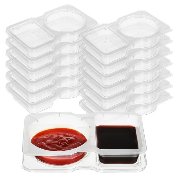FONDOTIN Dual Compartment Sauce Containers, Transparent Food-Grade PP, Lidded Design for Storage, 16Pcs