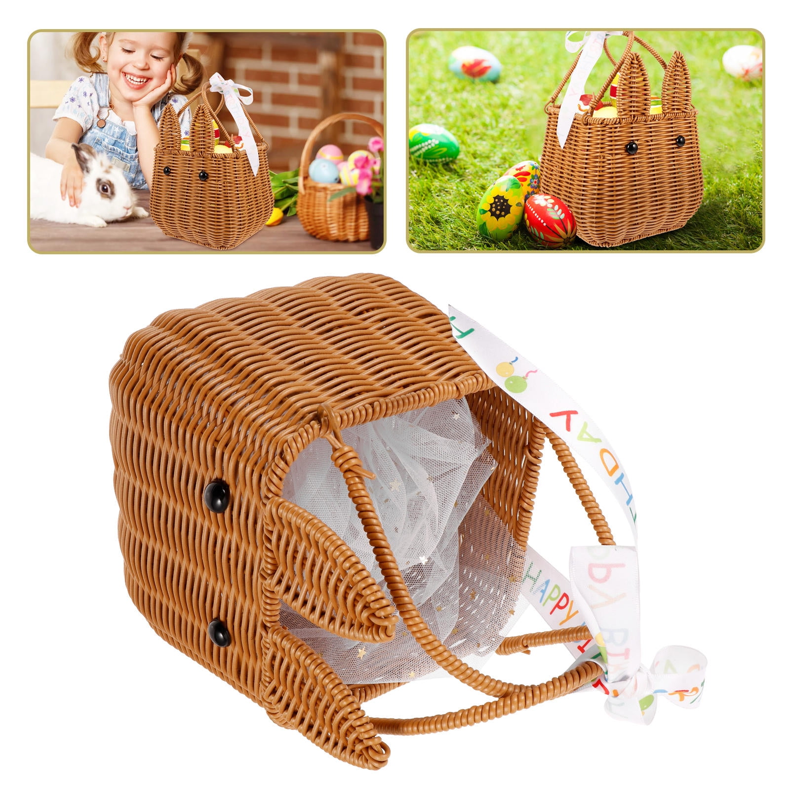 TEHAUX Brown Woven Bunny Handheld Basket for Easter Hunt, Candy Storage and Holiday Decoration