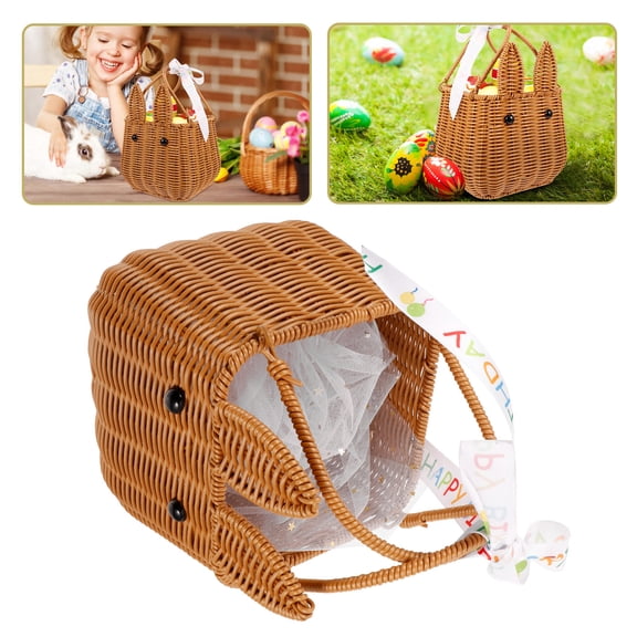 TEHAUX Brown Woven Bunny Handheld Basket for Easter Hunt, Candy Storage and Holiday Decoration